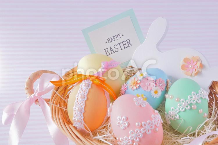 復活節籃子（帶復活節快樂卡，粉紅色條紋背景）, 复活节, 复活节彩蛋, happyeaster, JPG